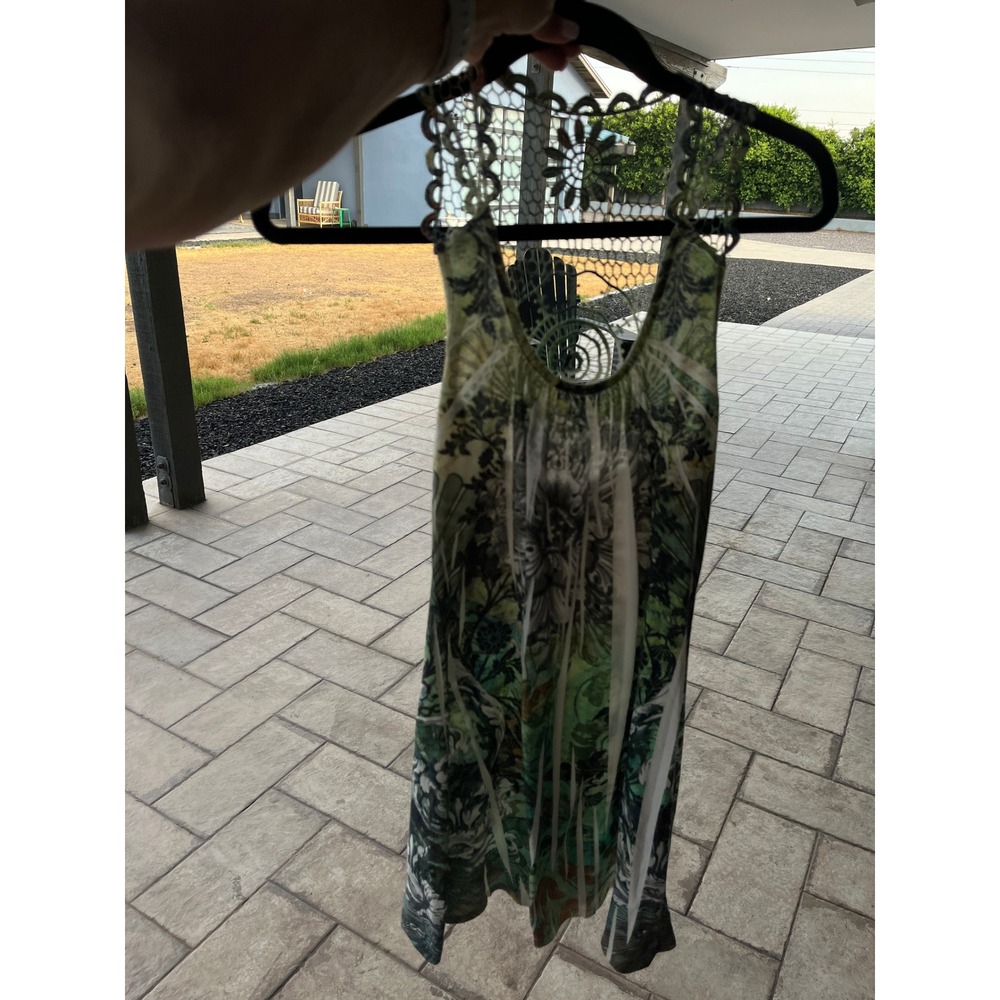 Rue 21 Boho Green Floral Botanical Crochet Lace Back Mini Dress M - Picture 1 of 7